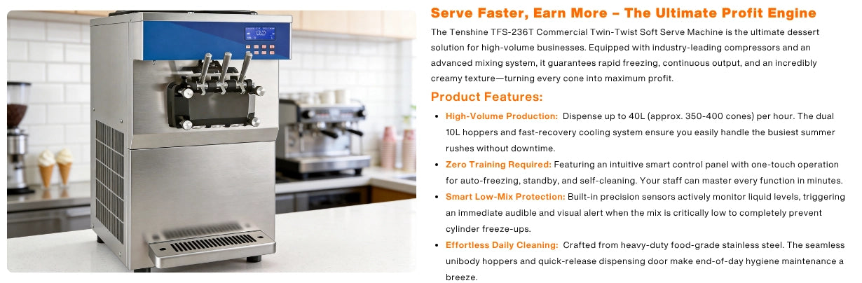 High-volume commercial twin-twist soft serve machine designed for fast production, zero training, and effortless cleaning. Máquina de helado fácil de operar y limpiar.