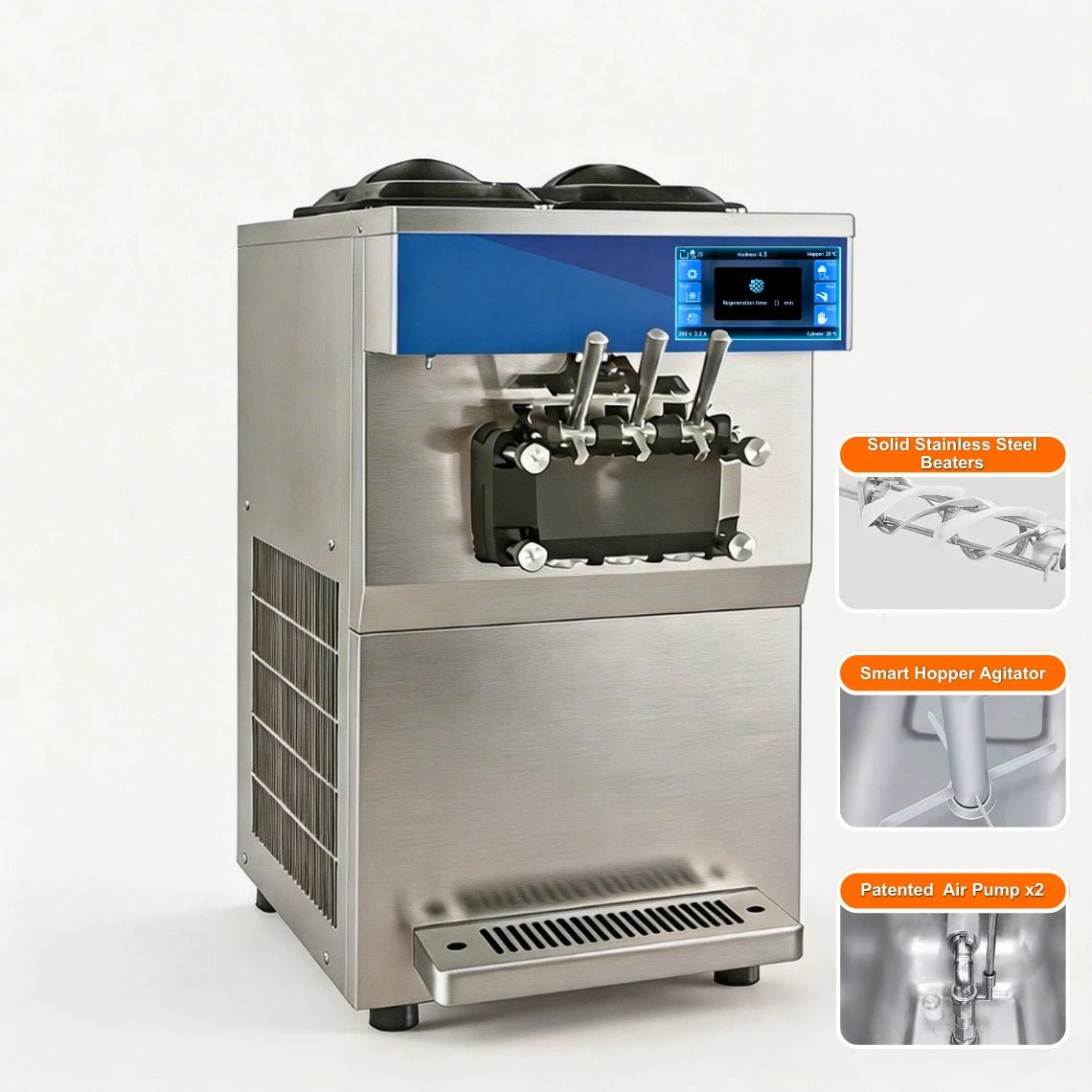 High yield commercial soft serve machine TFS-236T Max Edition with patented air pump for maximum overrun. Máquina de helado con bomba de aire.