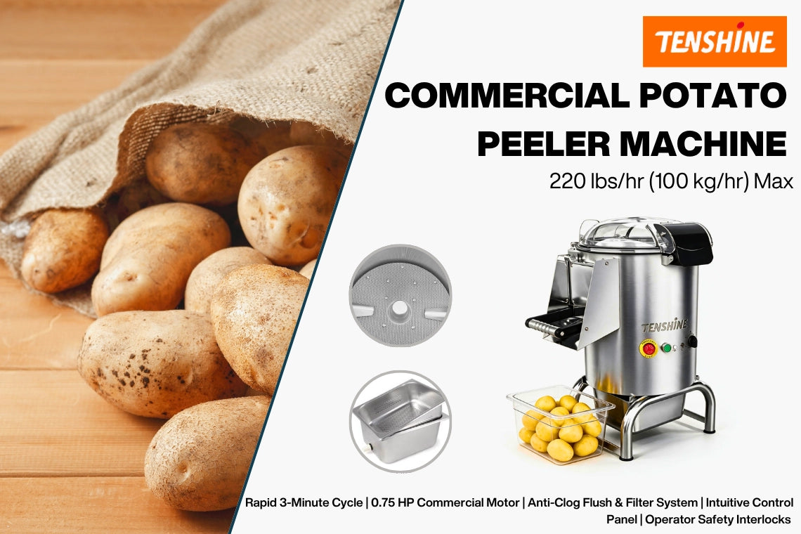 Efficient automated cycle showing how to peel small potatoes with up to 220 lbs/hr throughput using an electric veg peeler.