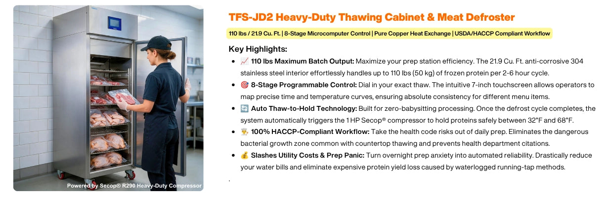 Key highlights of the TFS-JD2 heavy-duty thawing cabinet, detailing the 110 lbs batch output, auto thaw-to-hold technology, and HACCP compliance for QSR prep.