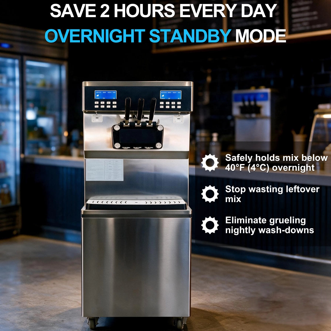 Industrial ice cream machine featuring overnight standby mode to safely hold mix below 40°F (4°C), saving 2 hours of daily wash-down labor.