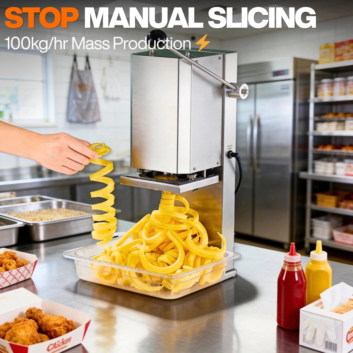 Industrial curly fry cutter processing potatoes into a basket at a massive high output rate of 100kg per hour.