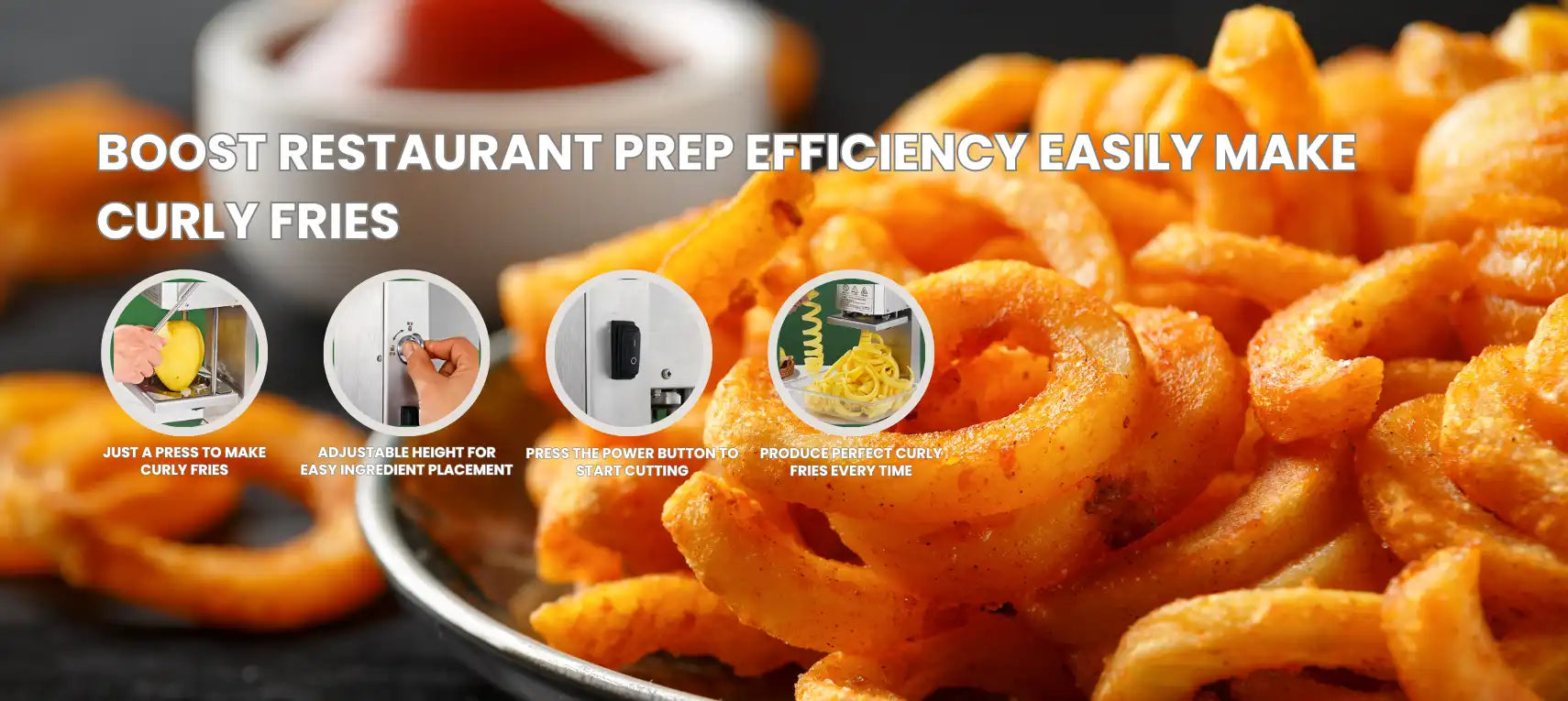 Technical specifications and physical dimensions part one for the heavy-duty industrial curly fry cutter.