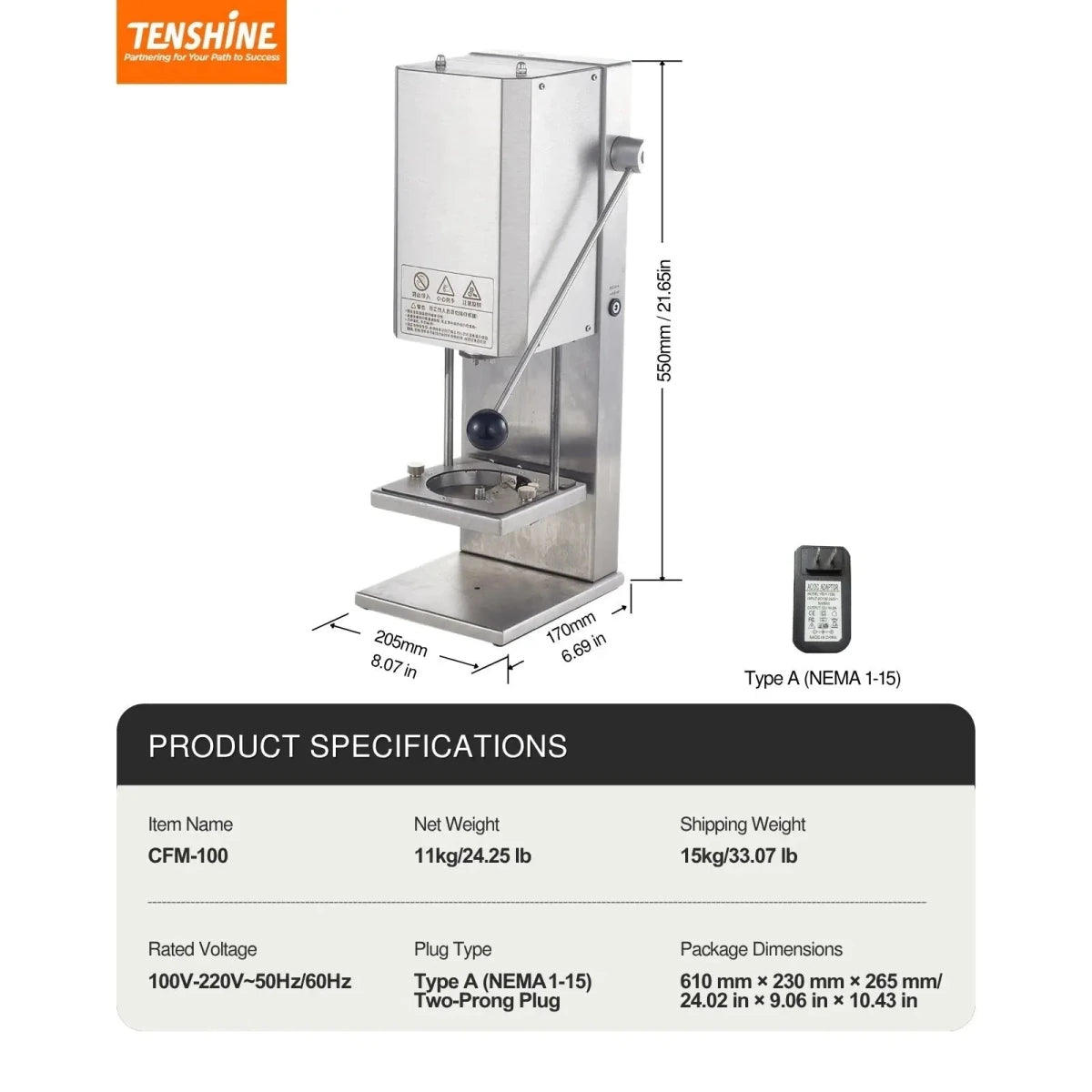 Technical specifications, dimensions, and packaging details of the industrial curly fry cutter.