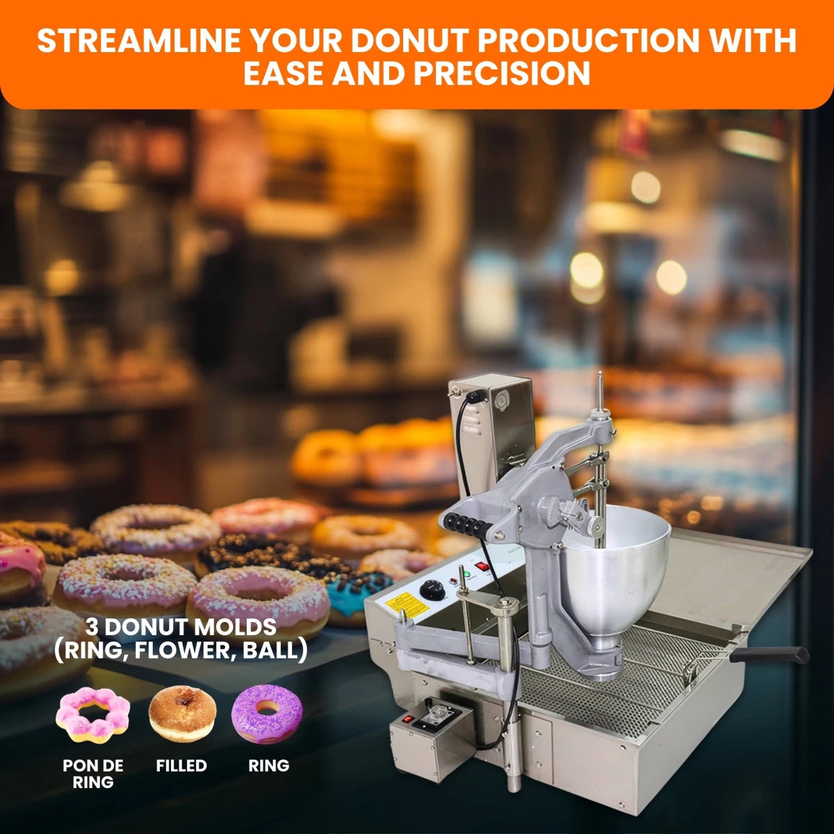 Three interchangeable commercial-grade molds for the Tenshine industrial donut machine, allowing strict portion control and various donut sizes for QSR menu standardization.