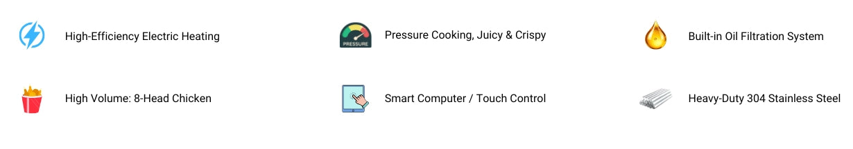 Key specifications of the industrial electric pressure deep fryer, featuring an 8-head chicken capacity, built-in oil filtration system, and heavy-duty 304 stainless steel.