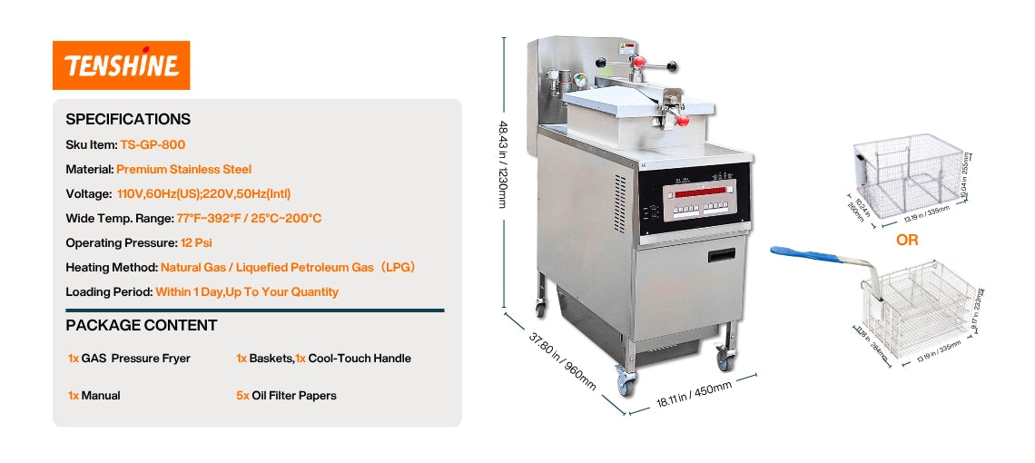 The massive 25L capacity industrial gas deep fryer by Tenshine, allowing chefs to cook 4 to 6 whole chickens per batch with consistent quality.