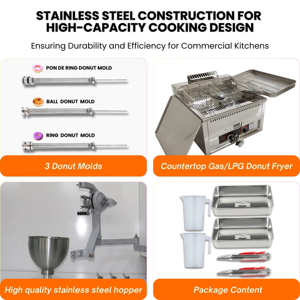 Four-panel detail view of the industrial gas donut fryer, highlighting the food-grade stainless steel construction and heavy-duty gas burner components.