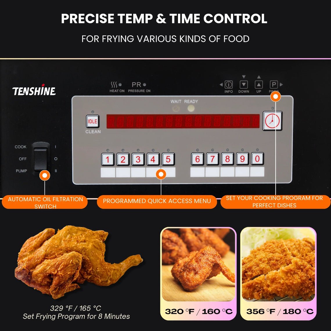 Programmable digital control panel of the industrial gas pressure fryer, featuring automatic temperature regulation and precise cook cycle presets.