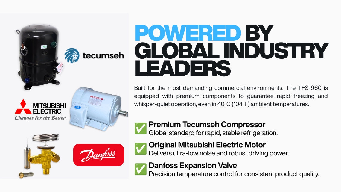 Industrial ice cream machine powered by global leaders, featuring premium Tecumseh compressor, Mitsubishi motor, and Danfoss expansion valve.