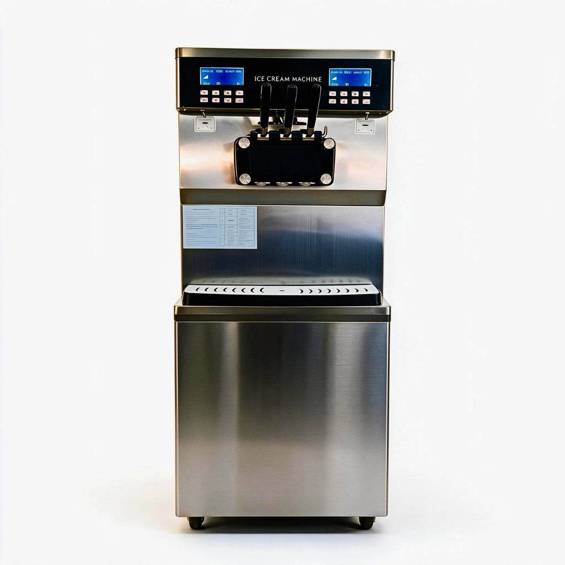 Front view of Tenshine 960 industrial ice cream machine featuring twin twist output, stainless steel unibody, and independent dual LCD control panels.