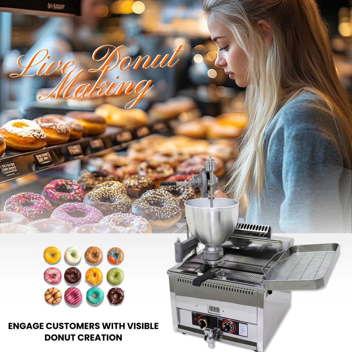 The industrial manual donut machine operating seamlessly in a commercial kitchen prep area, utilizing natural gas with no electrical overhead.