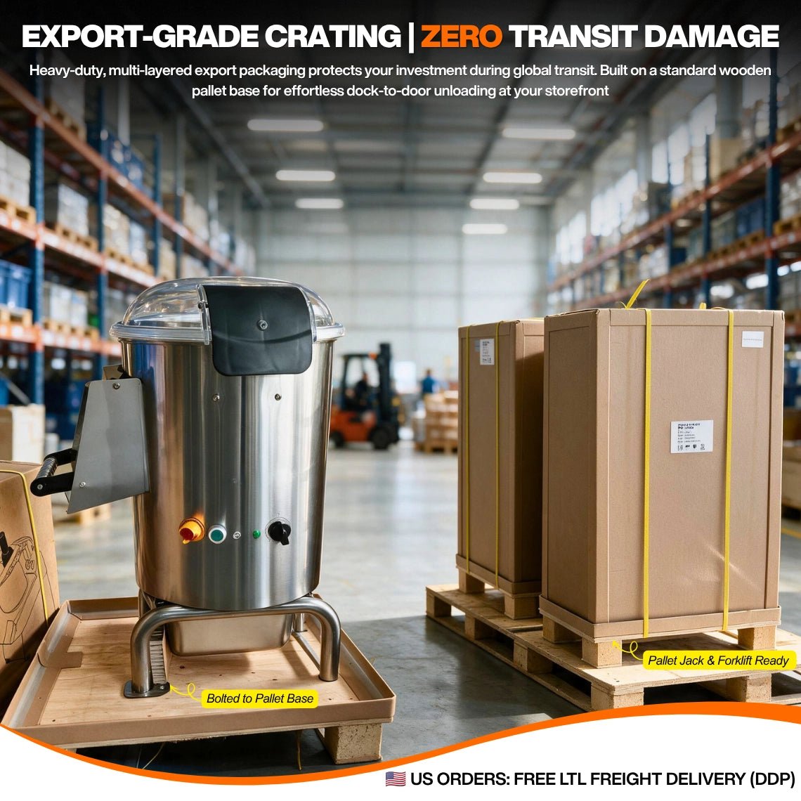 Export-grade heavy-duty corrugated packaging and standard pallet base for the industrial potato peeler, ensuring zero transit damage and easy forklift unloading.