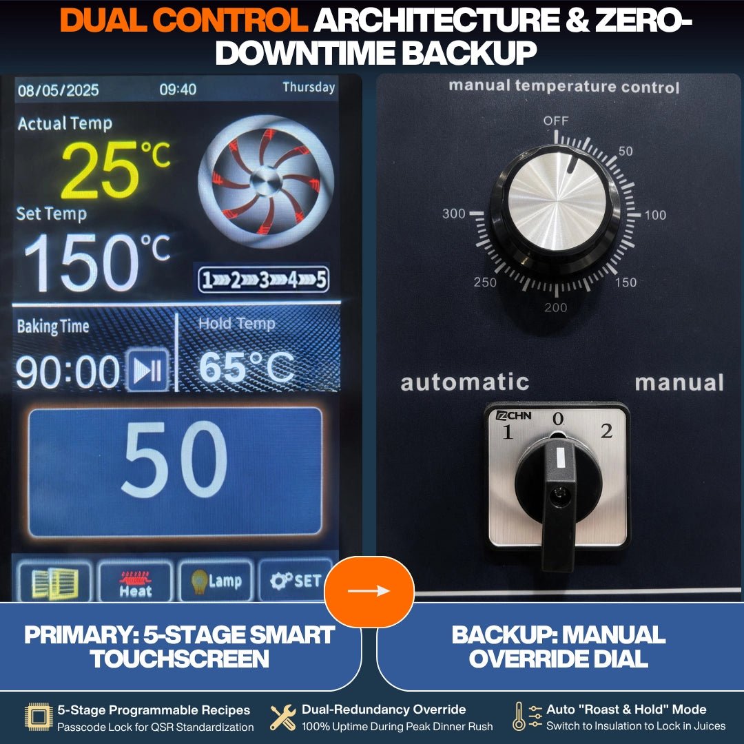 Industrial rotisserie oven 5-stage smart touchscreen with 65C hold temp and manual override backup dial for zero downtime