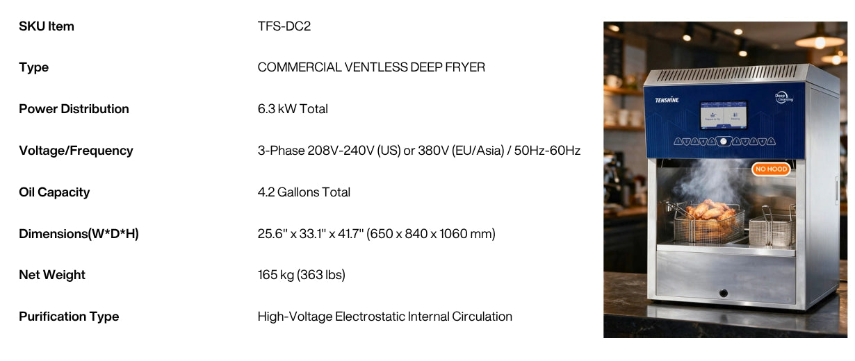 Technical data sheet for the TFS-DC2 industrial ventless deep fryer, showcasing 3-phase power, 6.3kW output, and internal circulation purification.