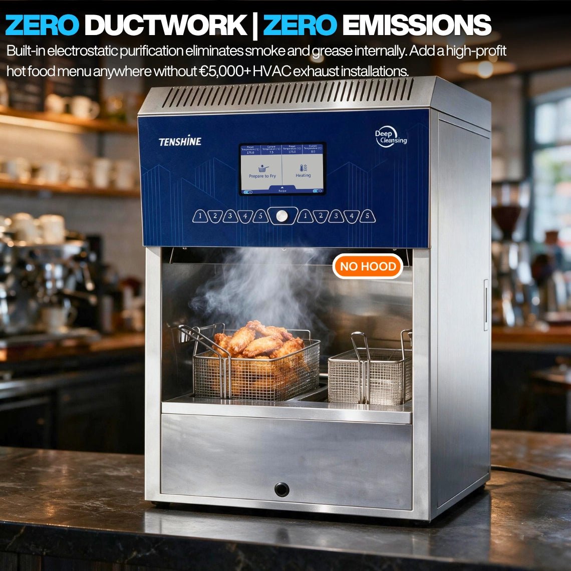 Industrial ventless fryer operating without an exhaust hood, utilizing built-in electrostatic purification for zero emissions in cafes and bars.