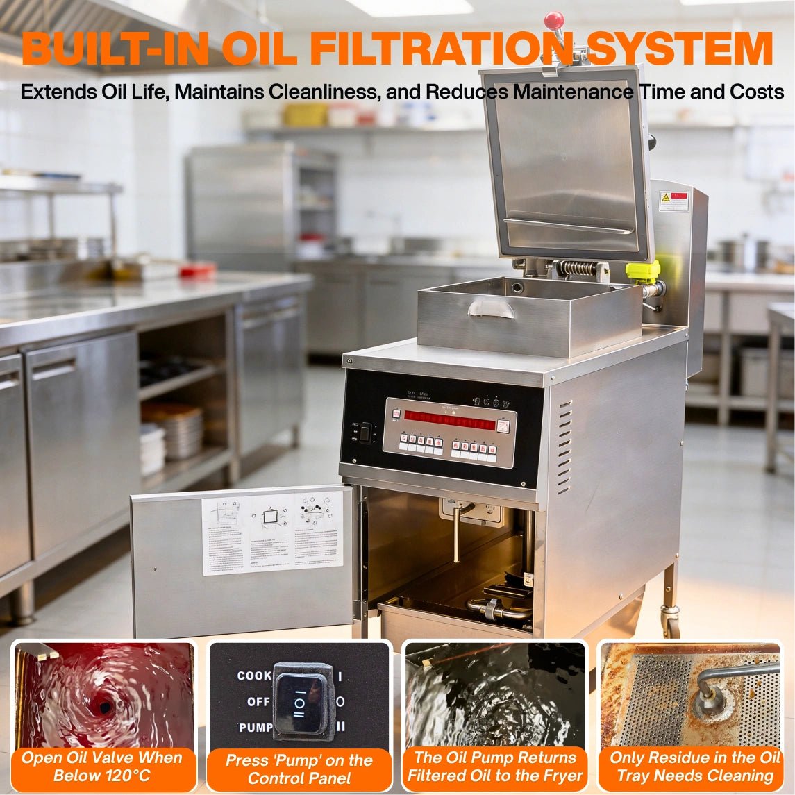 A detailed look at the integrated built-in oil filtration system and pump inside the Tenshine commercial pressure fryer, designed to extend oil life.