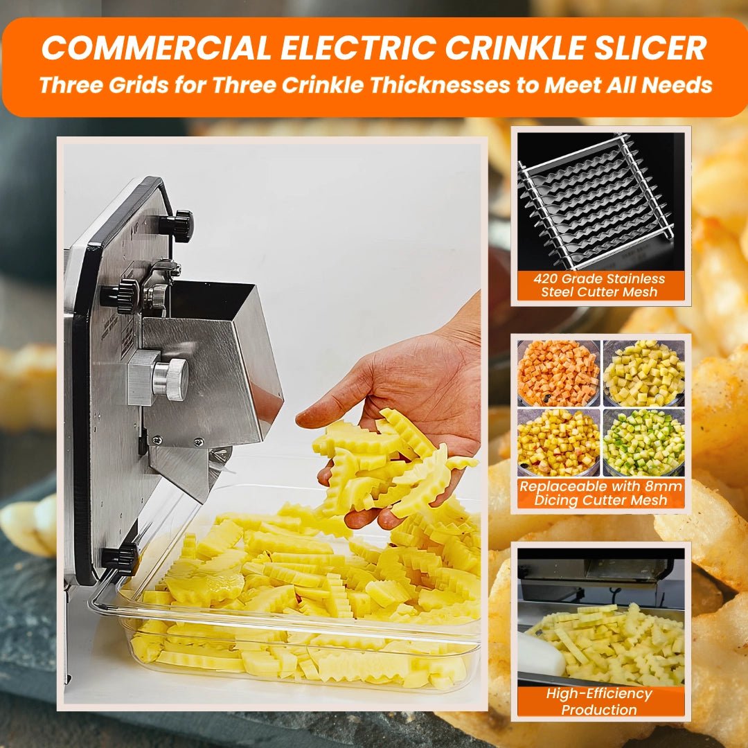 Chef demonstrating interchangeable grids on the electric crinkle slicer converting it into a commercial vegetable dicer for 8mm potato cubes and carrots.