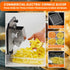 Chef demonstrating interchangeable grids on the electric crinkle slicer converting it into a commercial vegetable dicer for 8mm potato cubes and carrots.