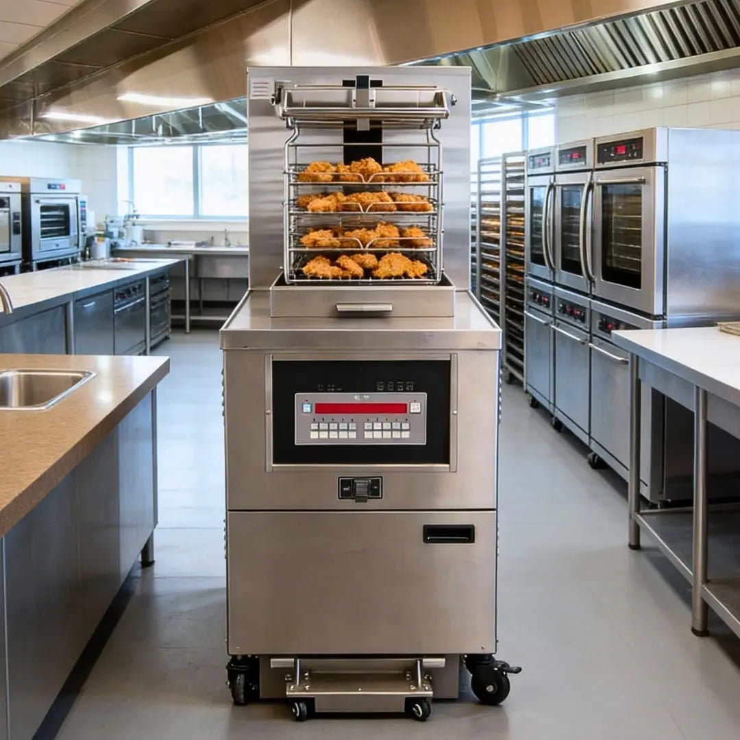 Close-up of auto-lift fryer basket holding 8-head chicken load on Tenshine OFE-5910