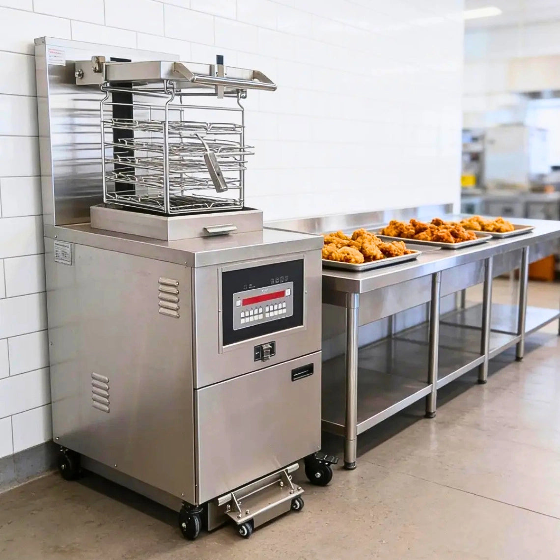 Front view of the large electric deep fryer commercial unit, perfect for high-volume restaurant kitchens