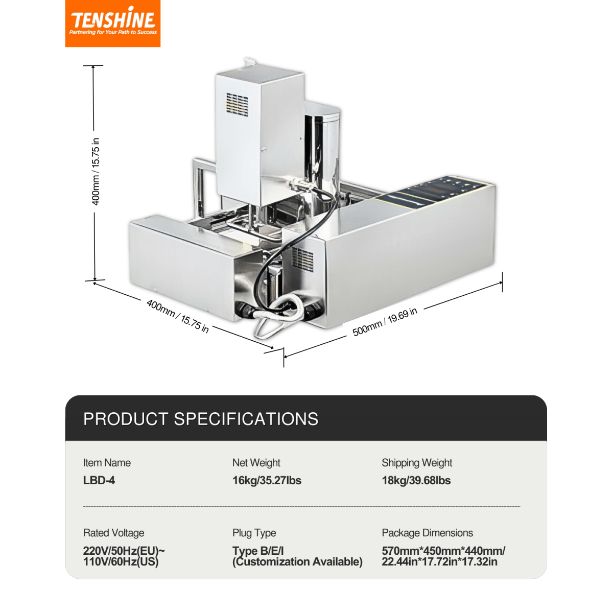 Dimensions and specifications of LBD-4 compact commercial mini donut maker 220V