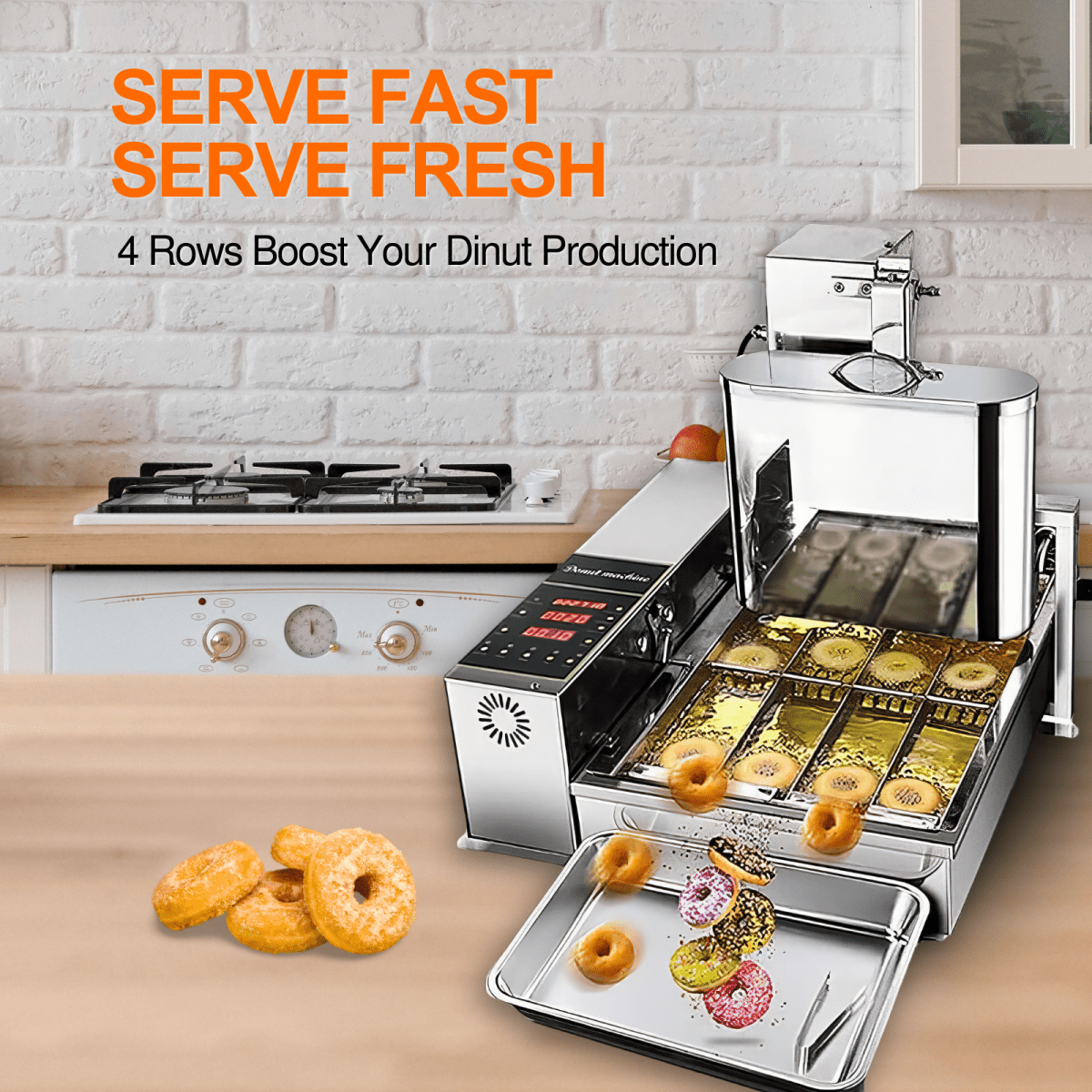 High speed 4-row automatic donut fryer producing fresh mini donuts for commercial kitchens