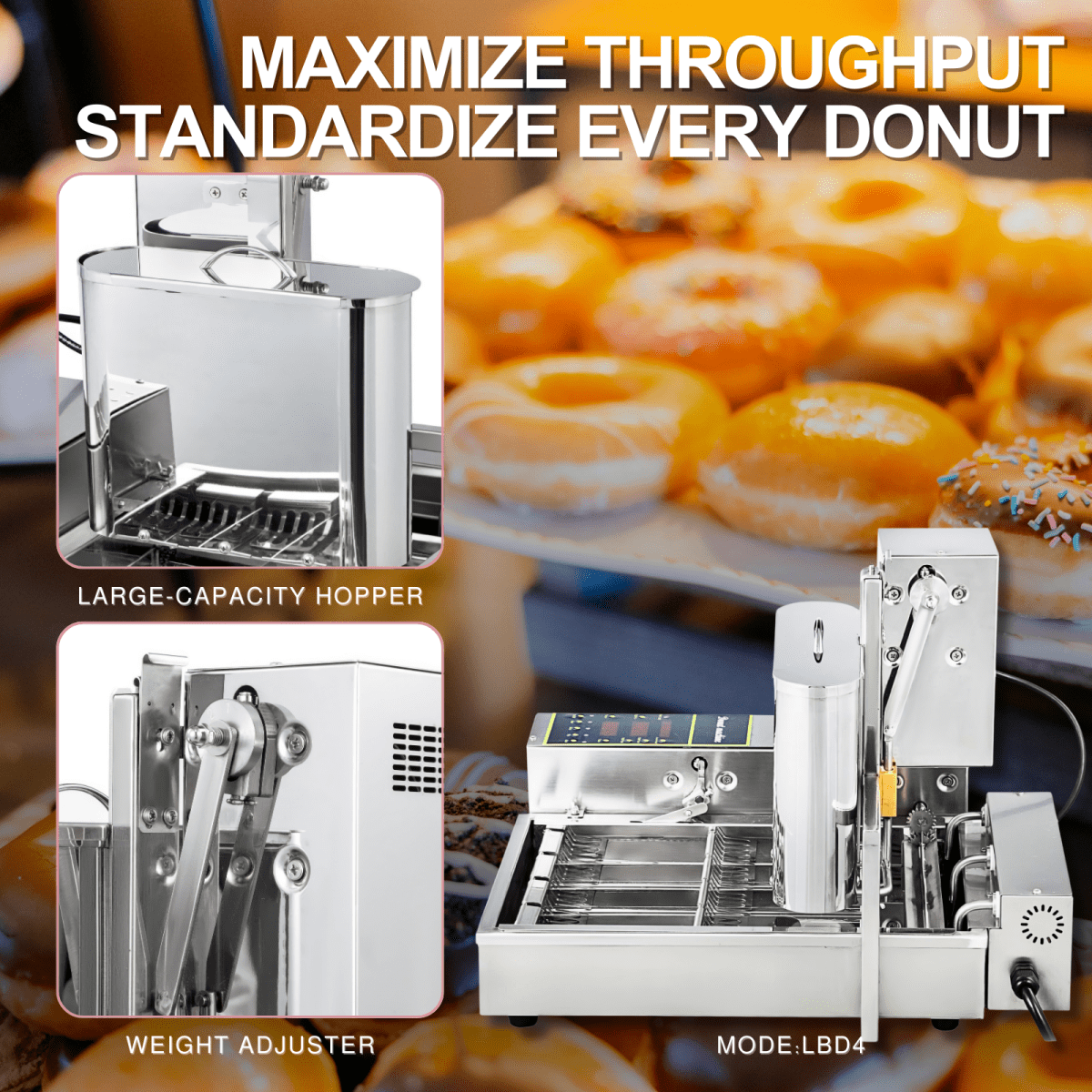 Large capacity hopper and weight adjuster on 4-row automatic mini donut machine for high throughput