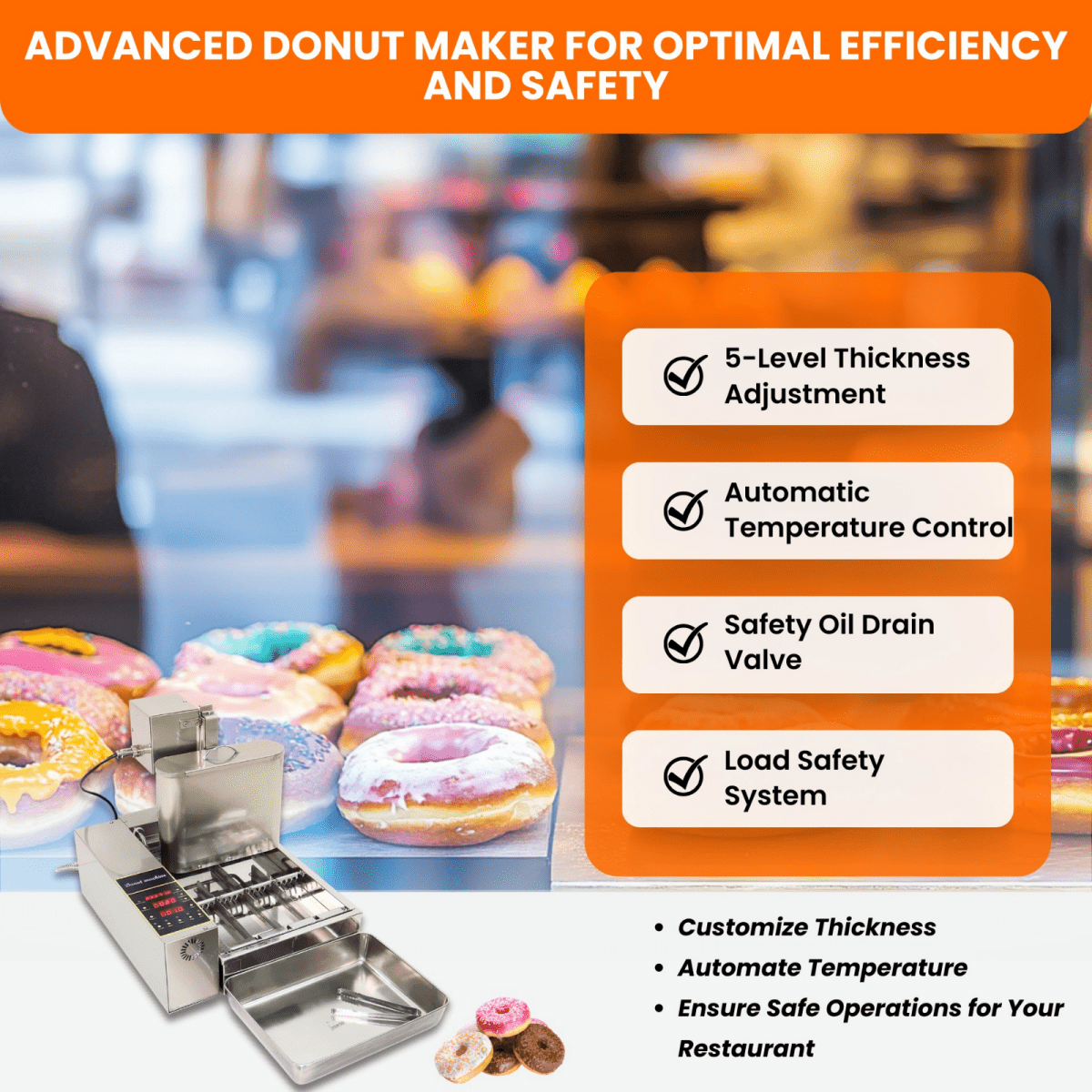 Advanced commercial electric donut fryer with automatic temperature control and safety systems