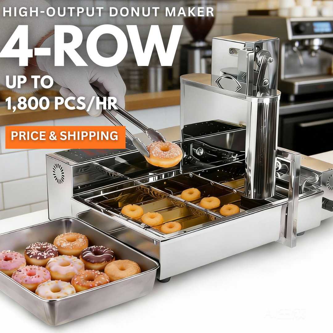 LBD-4 commercial 4-row automatic donut robot. High speed production of 1,800 pcs/hr. Durable stainless steel body available in US 110V and AU 220V plugs.