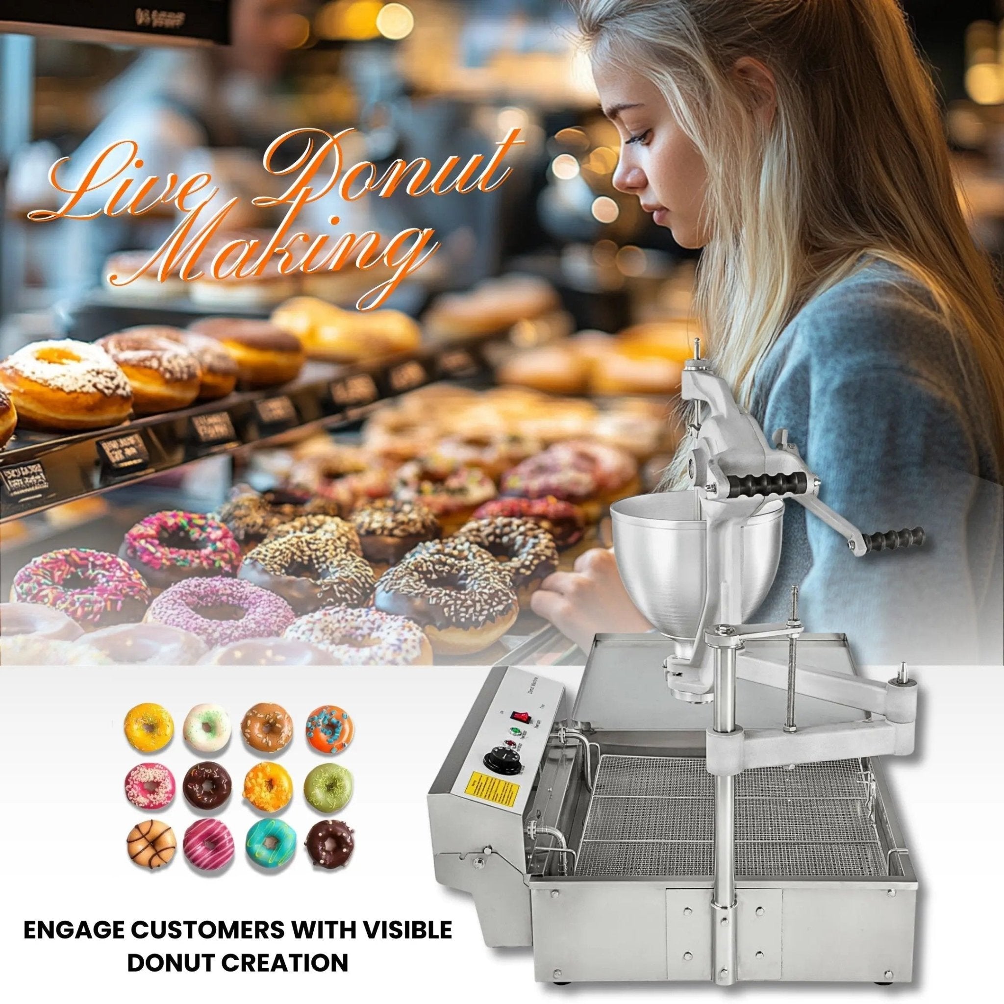 Live donut making scene in a bakery using the T-102 manual donut machine to attract customers