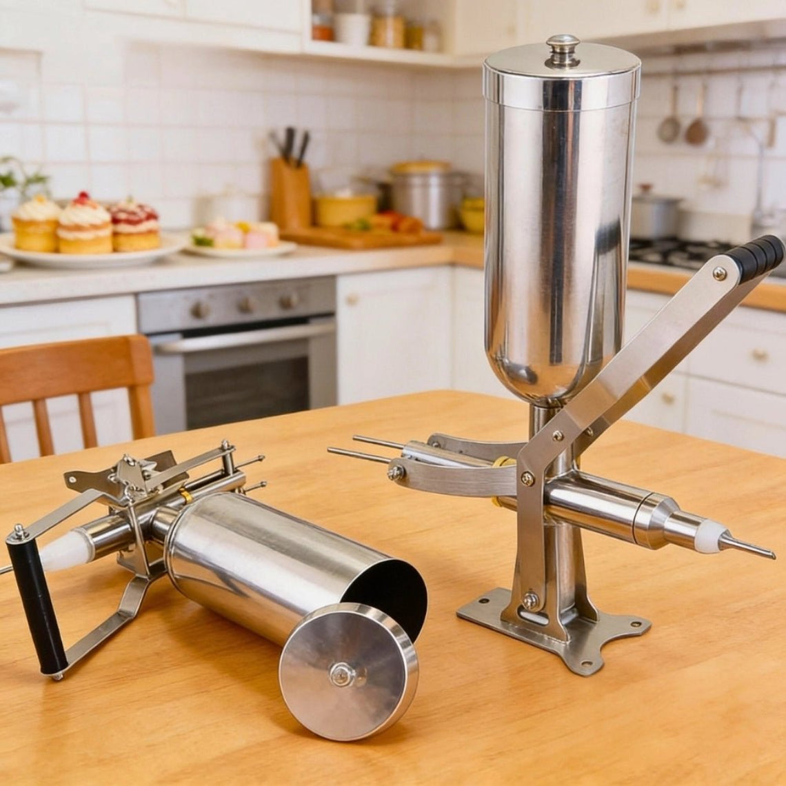 Comparison of standard manual cream filler base unit and the upgraded version with optional long injection nozzle.