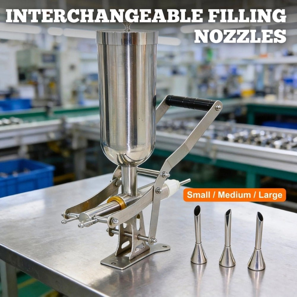 Manual cream filler unit displayed with three interchangeable stainless steel filling nozzles of various diameters.
