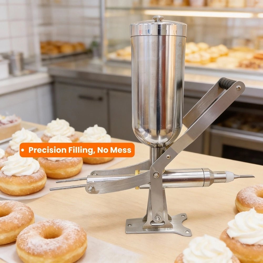 Manual donut cream filler precisely injecting cream into pastries on a bakery table, showcasing mess-free operation.