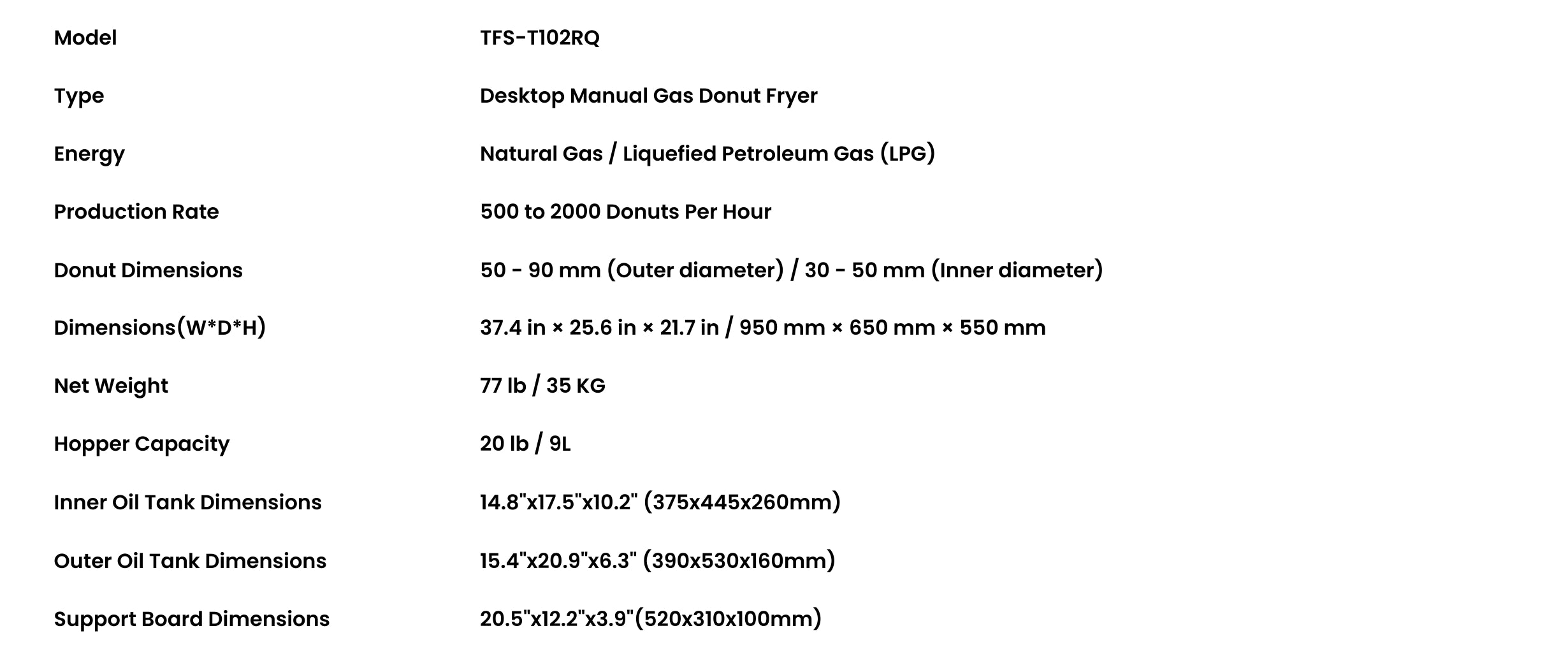 Comprehensive technical specifications table for the manual gas donut maker, detailing its 15-piece capacity and compact 37.4-inch footprint.