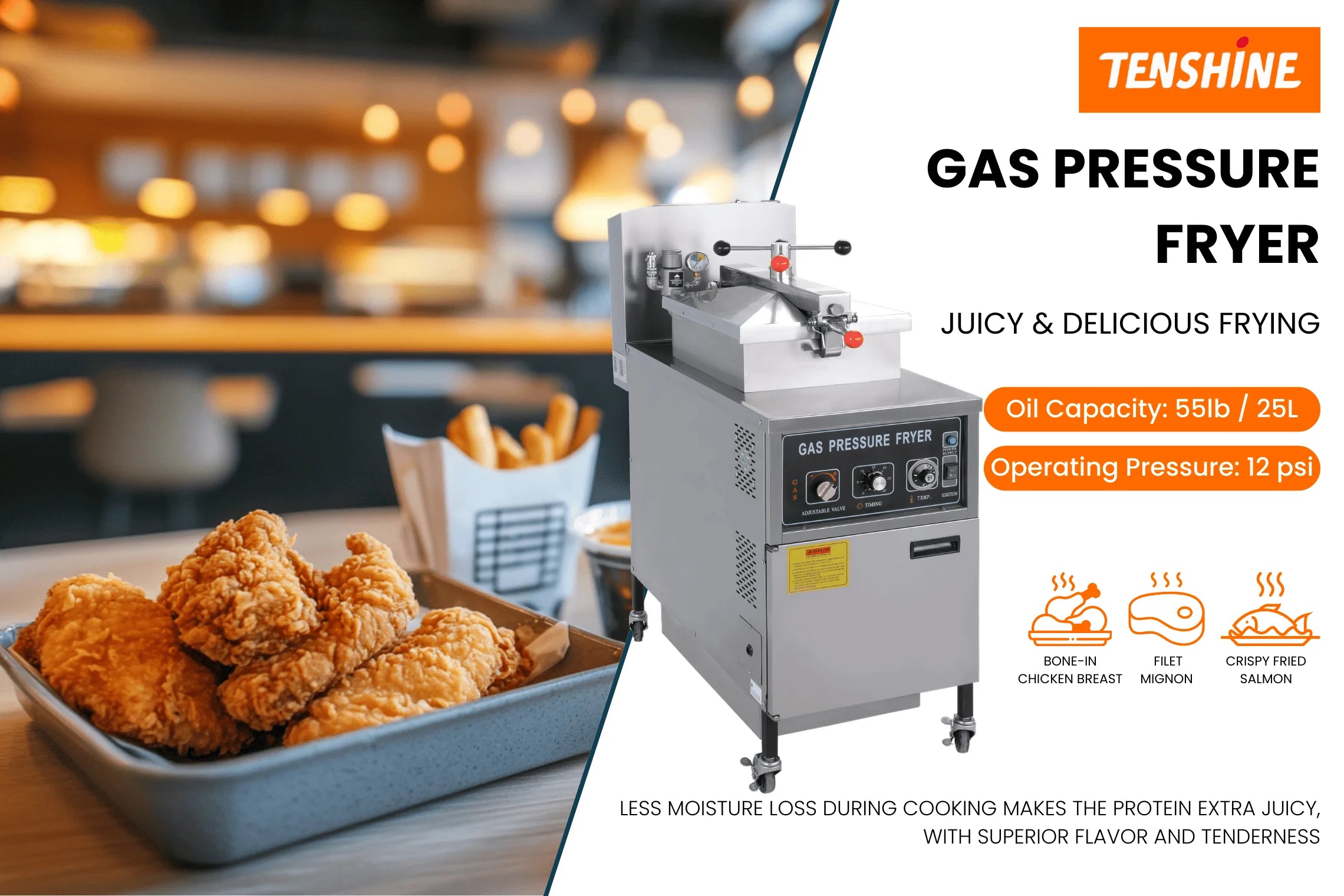 Hero view of the TS-GP25 manual gas pressure fryer, delivering juicy and delicious fried chicken for commercial kitchens.
