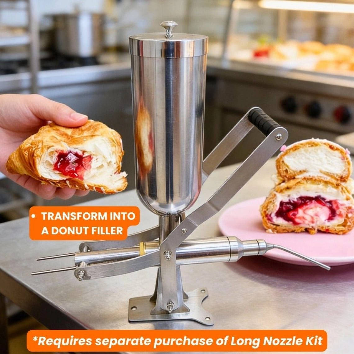 Manual puff injector shown next to a cross-section of a perfectly filled cream croissant and donut.