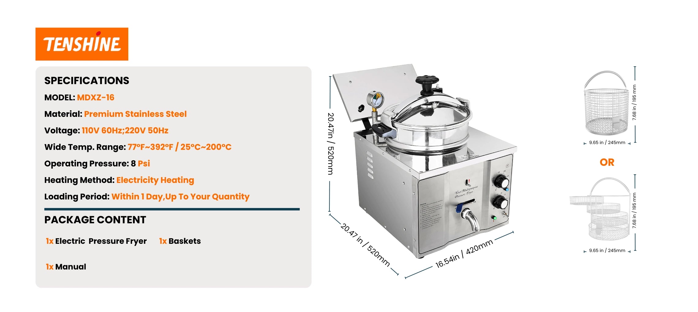 Technical specifications, dimensions, and electrical requirements for the MDXZ-16 commercial countertop pressure fryer.