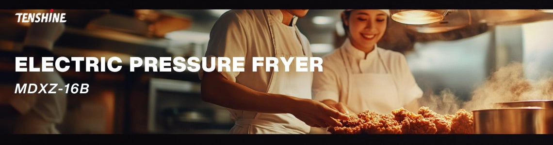 Professional chefs using the MDXZ-16B electric pressure fryer in a busy commercial kitchen to produce high-volume golden fried chicken.