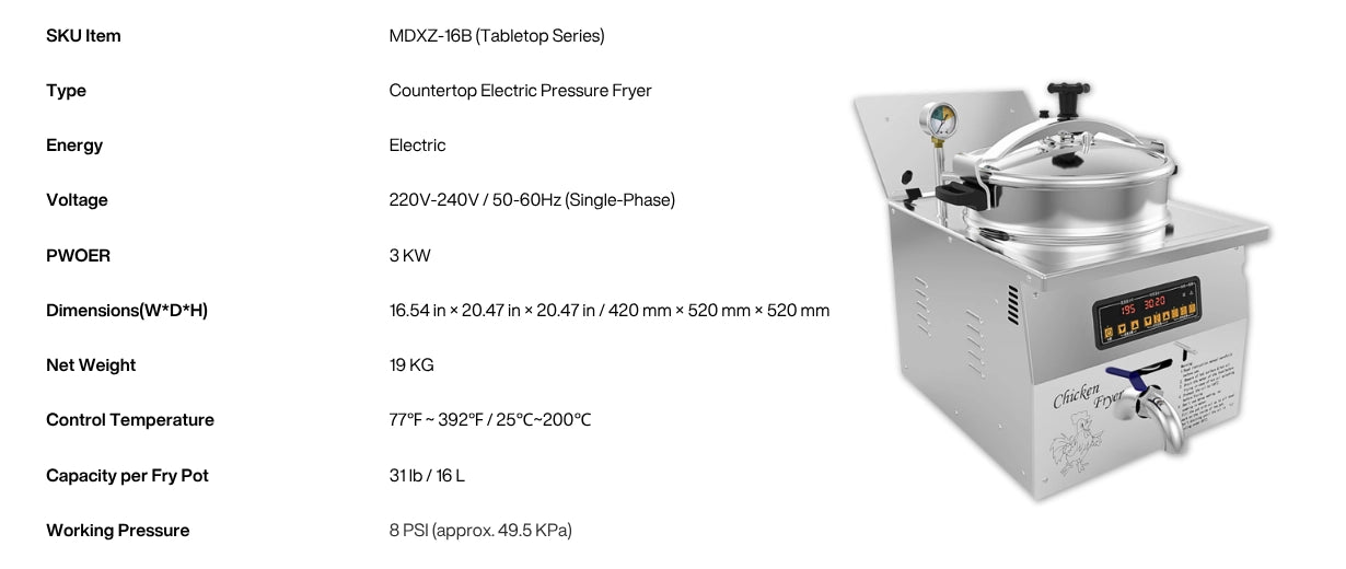 Technical specifications of the MDXZ-16B tabletop electric pressure fryer, including 220V voltage, 3kW power, and 16L compact capacity.