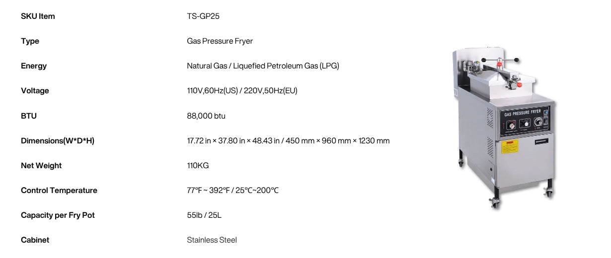 Detailed technical specification table for the TS-GP25 mechanical gas pressure fryer including 88,000 BTU energy output.