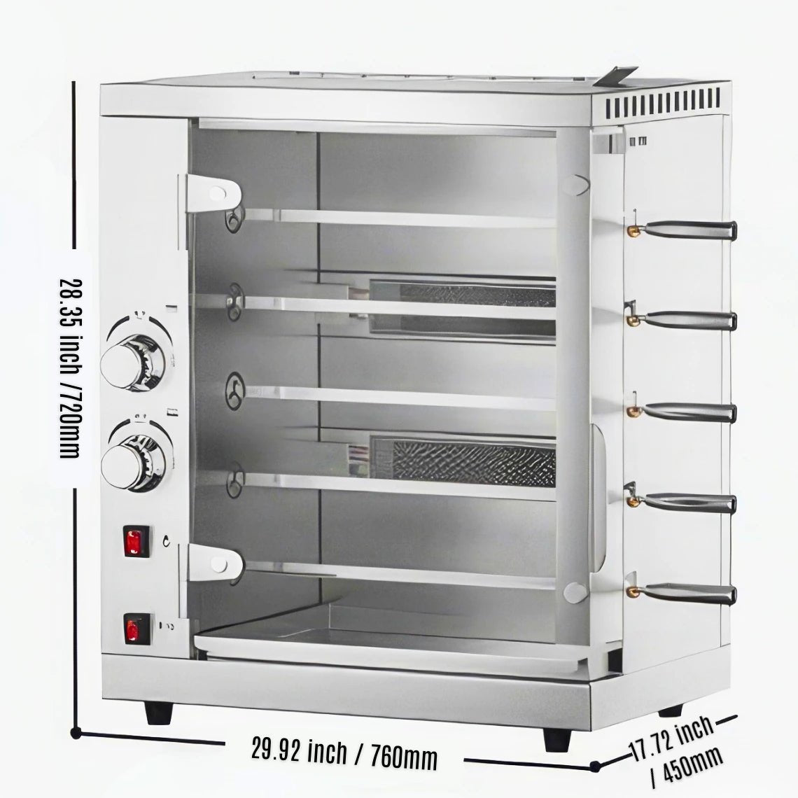 Dimensions of Tenshine 5-spit chicken roaster machine, 29.92 inches wide, perfect for mid-sized commercial kitchens.