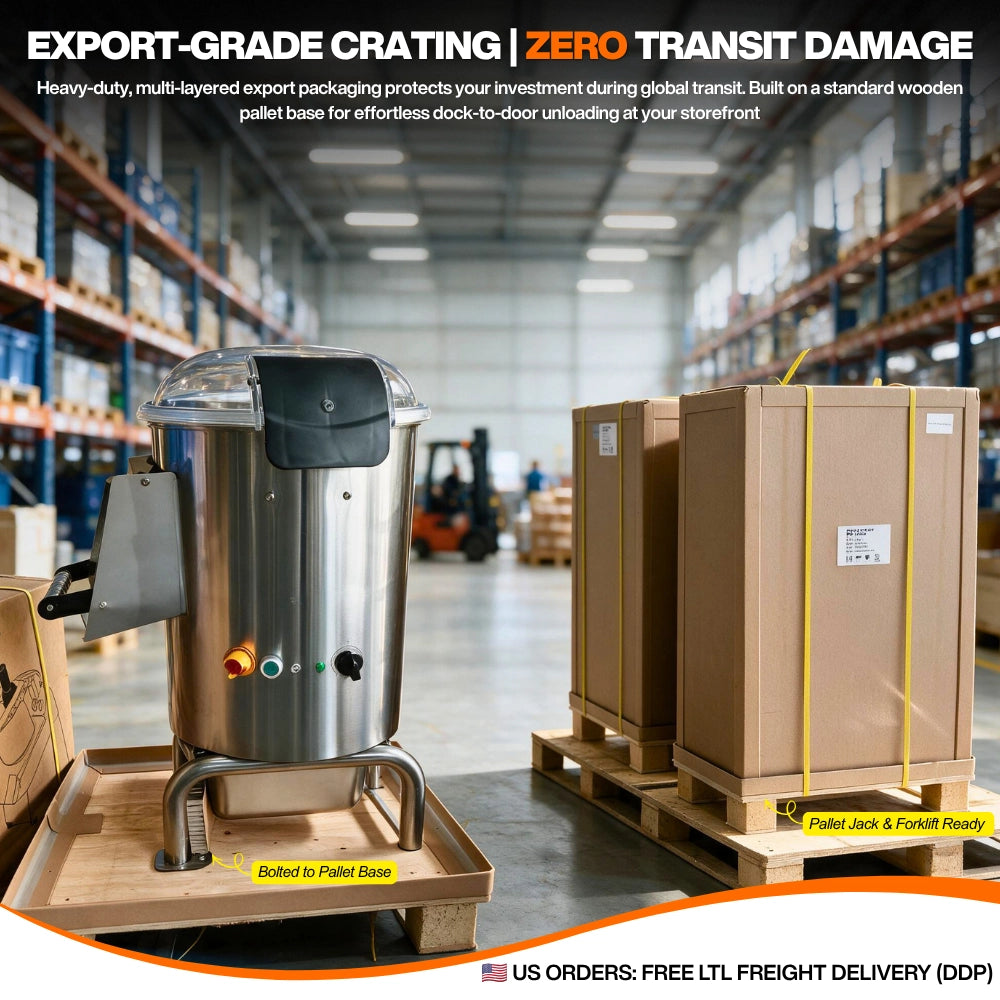 Export-grade heavy-duty packaging for the mid-volume spud peeler machine, ensuring zero transit damage to your storefront.