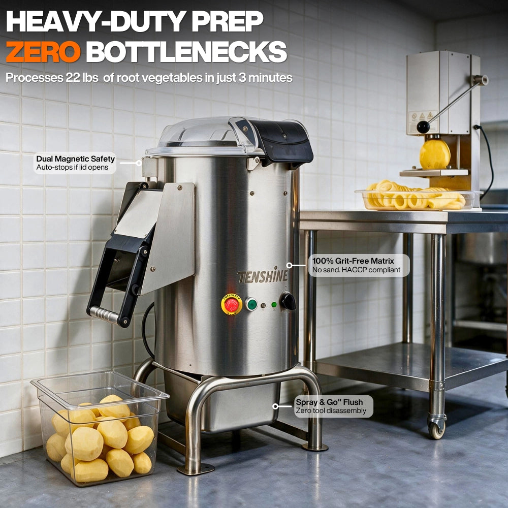 Mid-volume spud peeler machine in a commercial prep station, featuring a spray-and-go flush system and dual magnetic safety interlocks.