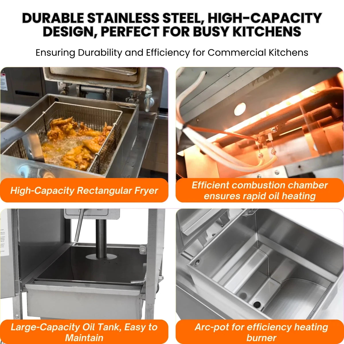 Efficient combustion chamber and large capacity oil tank of the mobile commercial gas pressure fryer.