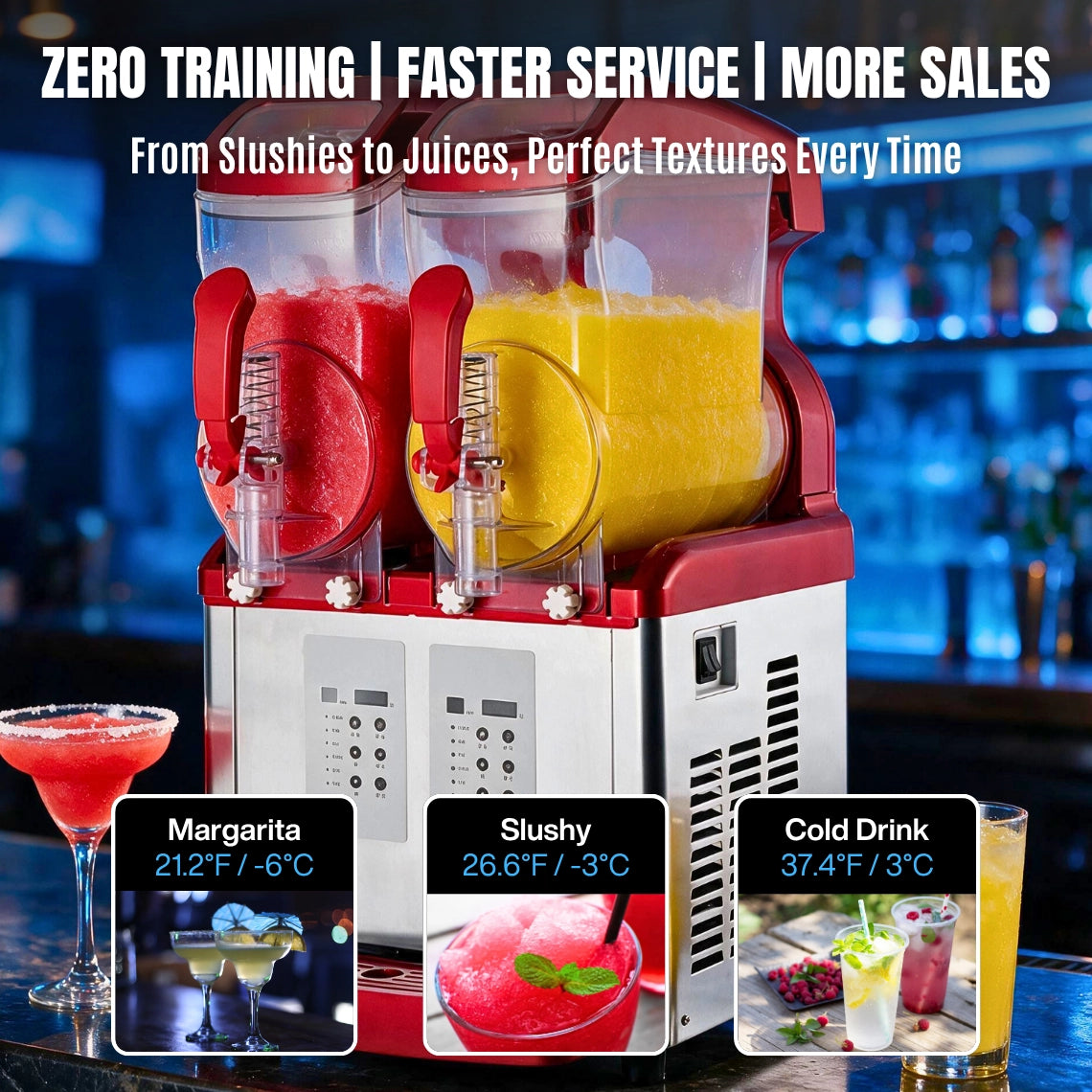 Commercial soft serve margarita machine displaying independent temperature modes for frozen cocktails and slushies.