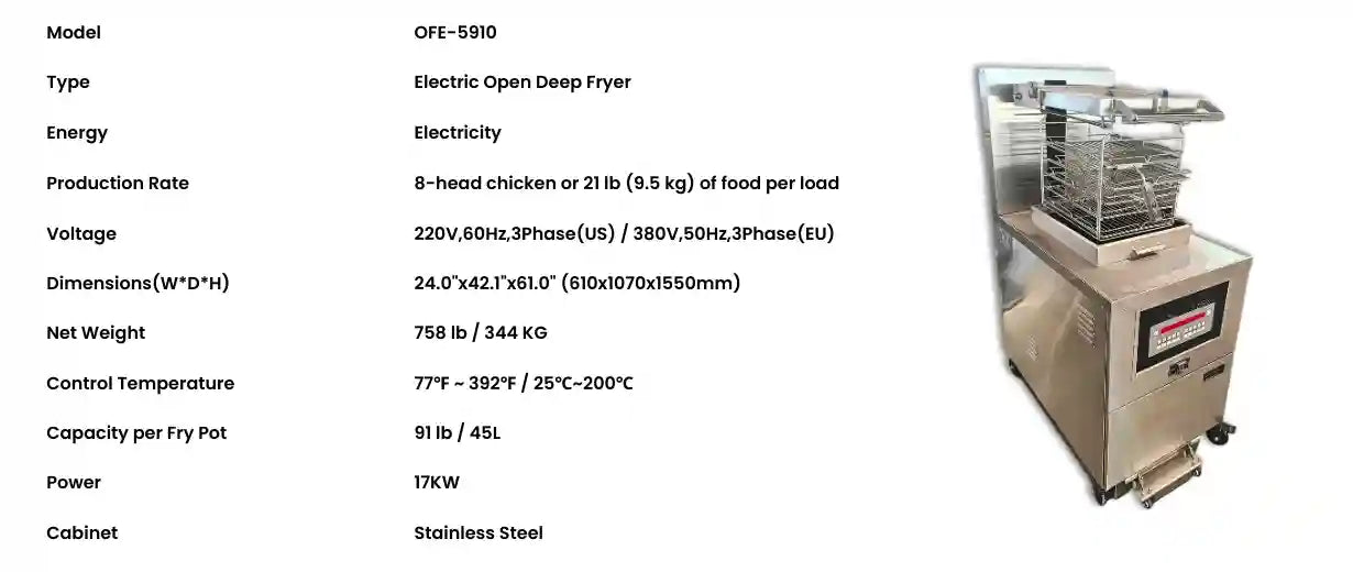 Side view of Tenshine OFE-5910 electric open fryer showing compact dimensions and 21lb food capacity