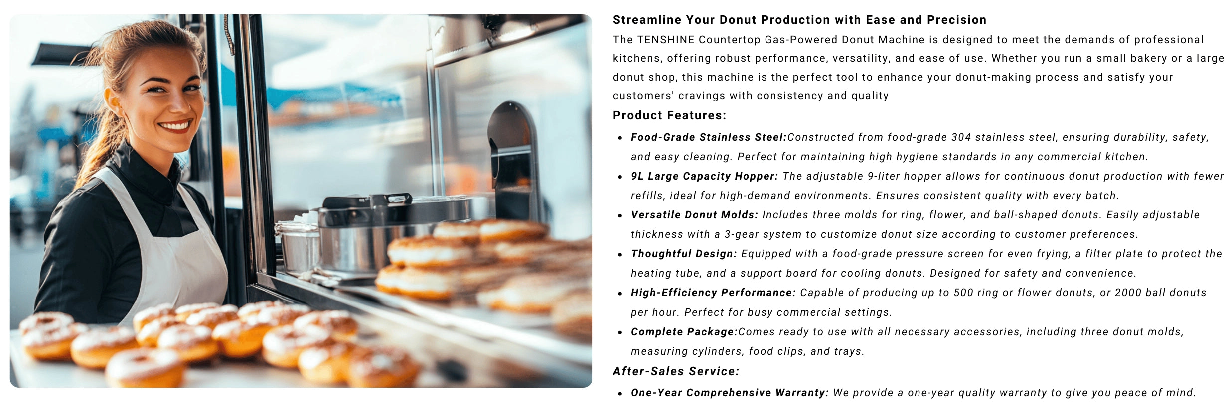 Structural infographic of the off-grid doughnut machine, highlighting the built-in commercial oil drain valve and smooth manual drop mechanism.