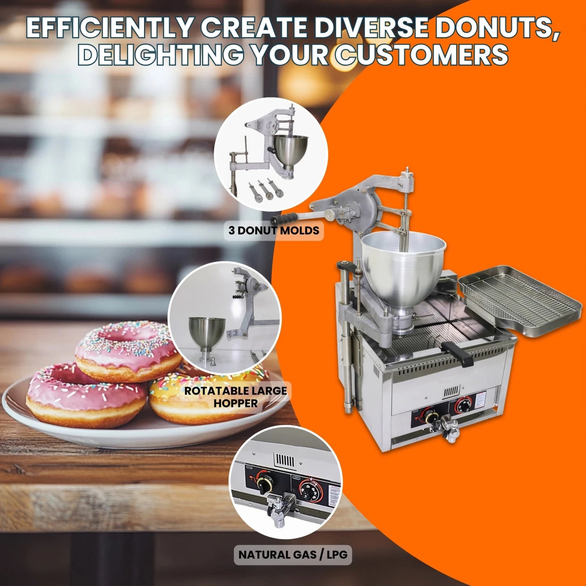 Core performance features of the off-grid gas donut fryer, highlighting its massive 12kW heating system and manual dropping mechanism.