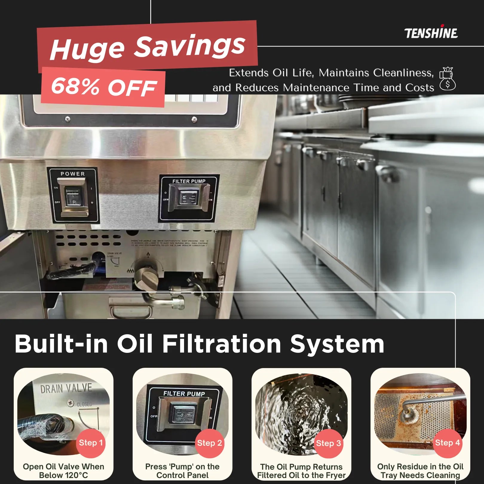 Automatic built-in oil filtration system on OFG-321 gas fryer